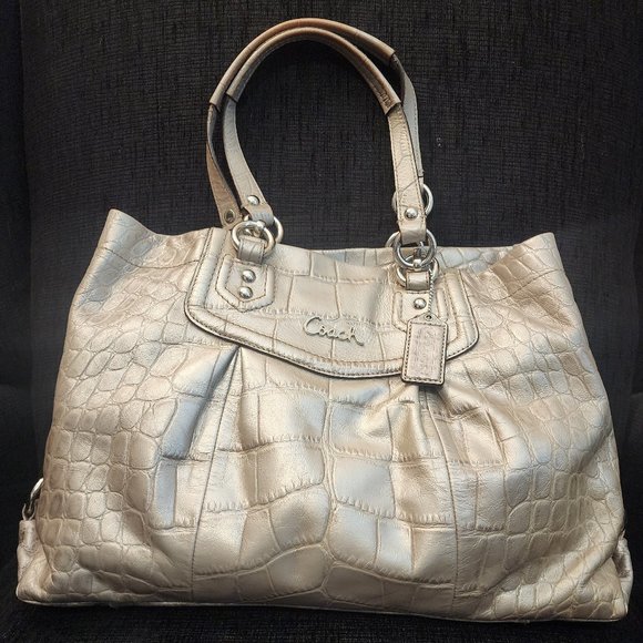 Coach | Bags | Coach Croc Pattern Metallic Silver Leather Shoulder Bag ...